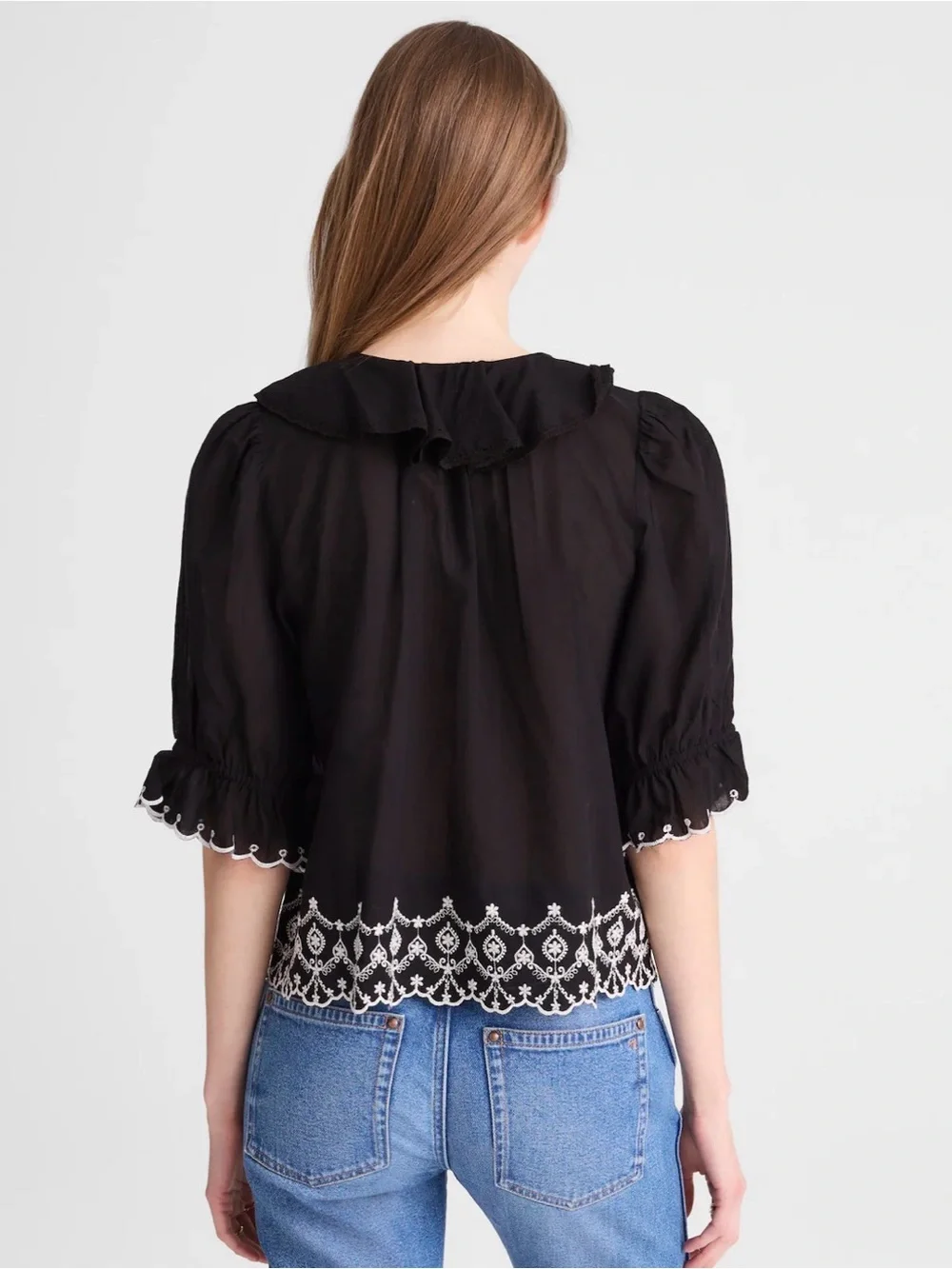 Madewell The Blaire Top Jet Black Embroidered Ruffle Blouse Size M NWT